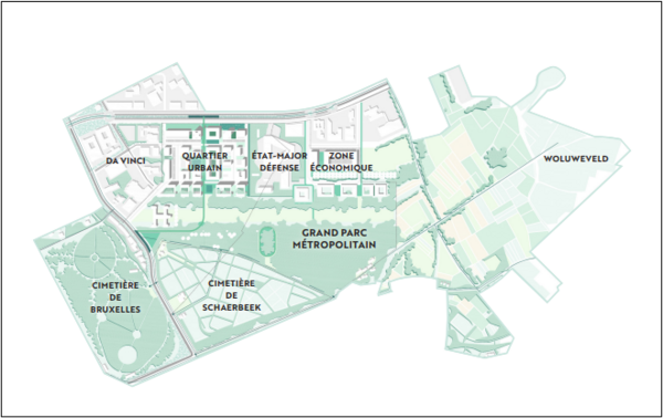 Een stedelijke ontwikkeling langs de Leopold III-laan in combinatie met een landschapspark tussen begraafplaatsen en Woluweveld. De grijze NZ-lijn is de grens tussen het Brussels en het Vlaams gewest. 